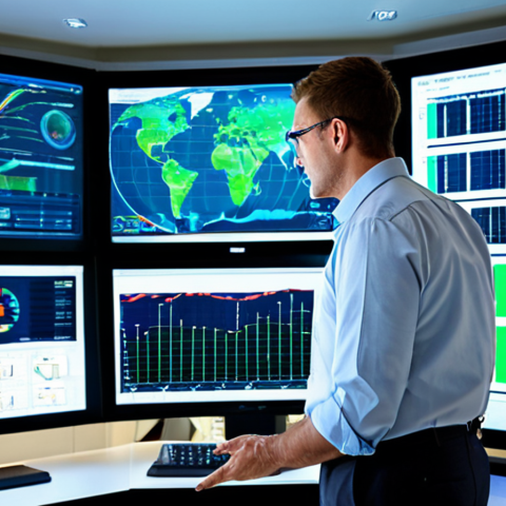 A professional electrical engineer, fully clothed in a modest business shirt and trousers, stands confidently in a futuristic smart building control room. The room features multiple large, high-resolution monitors displaying complex data visualizations, real-time energy consumption graphs, and holographic projections of building systems. The engineer is interacting with a touch-screen interface, showcasing advanced data analytics for energy optimization and predictive maintenance. The environment is clean, well-lit, and modern, with subtle blue and green light accents. Perfect anatomy, correct proportions, natural pose, well-formed hands, proper finger count, natural body proportions. Safe for work, appropriate content, fully clothed, professional, family-friendly, high-quality, ultra-detailed.