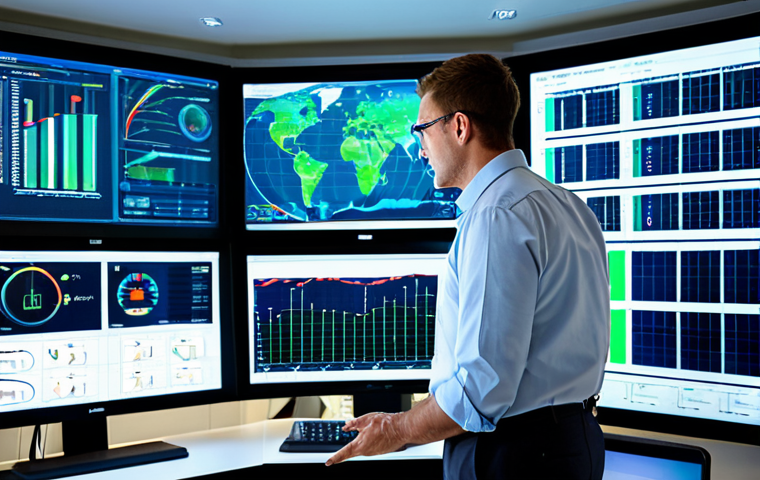 A professional electrical engineer, fully clothed in a modest business shirt and trousers, stands confidently in a futuristic smart building control room. The room features multiple large, high-resolution monitors displaying complex data visualizations, real-time energy consumption graphs, and holographic projections of building systems. The engineer is interacting with a touch-screen interface, showcasing advanced data analytics for energy optimization and predictive maintenance. The environment is clean, well-lit, and modern, with subtle blue and green light accents. Perfect anatomy, correct proportions, natural pose, well-formed hands, proper finger count, natural body proportions. Safe for work, appropriate content, fully clothed, professional, family-friendly, high-quality, ultra-detailed.