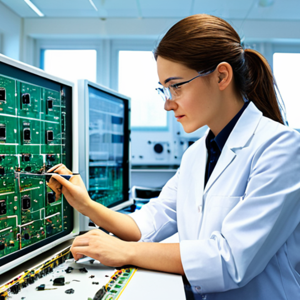 Electrical Engineer in a Modern Lab**
"A female electrical engineer, fully clothed in professional attire, working with circuit boards in a brightly lit, modern laboratory, appropriate content, safe for work, perfect anatomy, correct proportions, well-formed hands, professional, high quality, realistic."
**