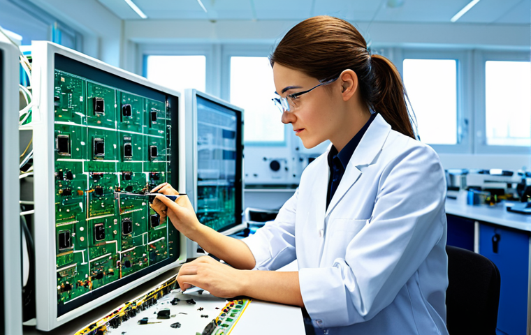 Electrical Engineer in a Modern Lab**
"A female electrical engineer, fully clothed in professional attire, working with circuit boards in a brightly lit, modern laboratory, appropriate content, safe for work, perfect anatomy, correct proportions, well-formed hands, professional, high quality, realistic."
**